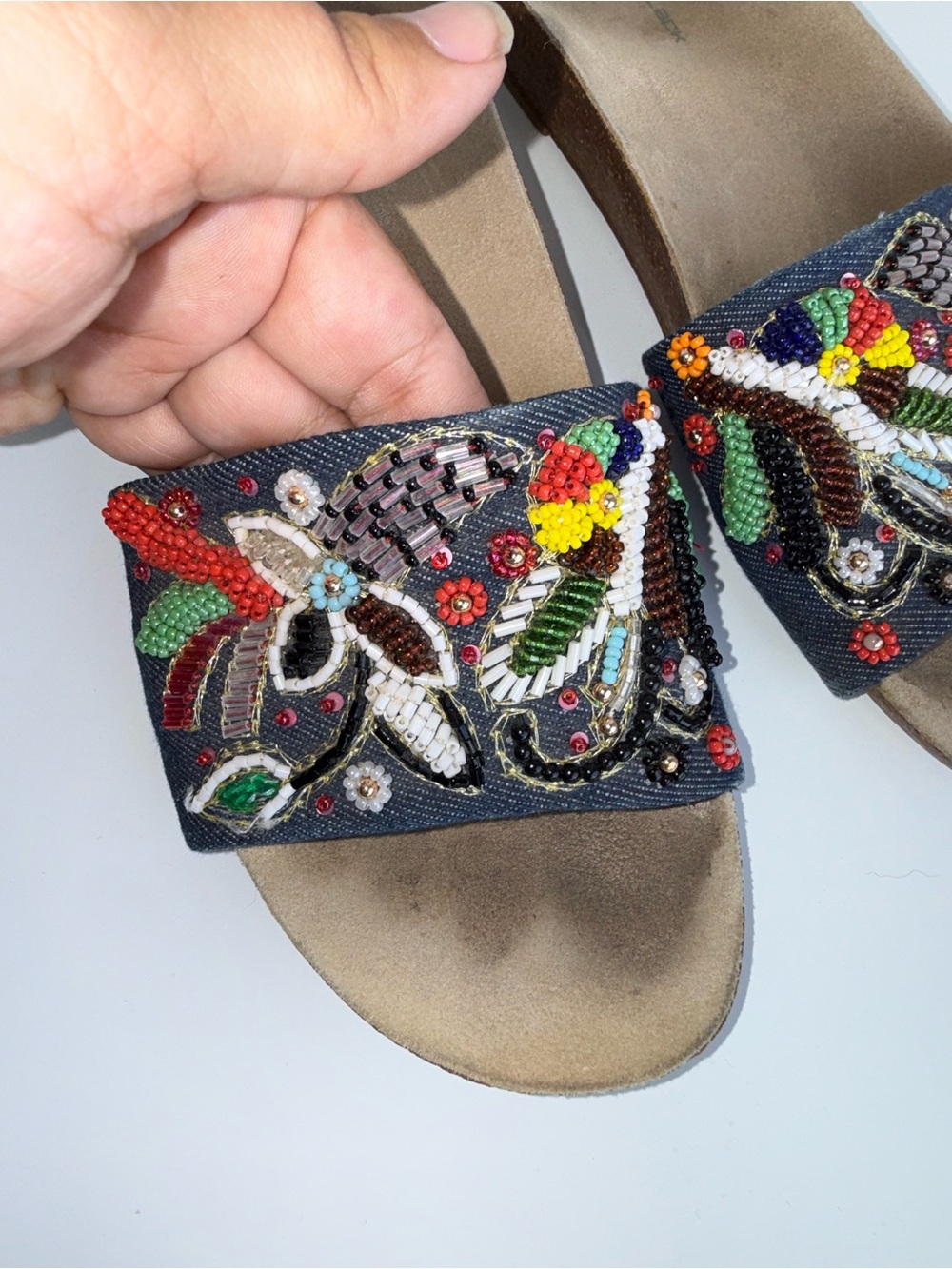DANIBLACK Beaded Vacation Resortwear Denim Slide Sandal - Multicolor 9 - Picture 4 of 8